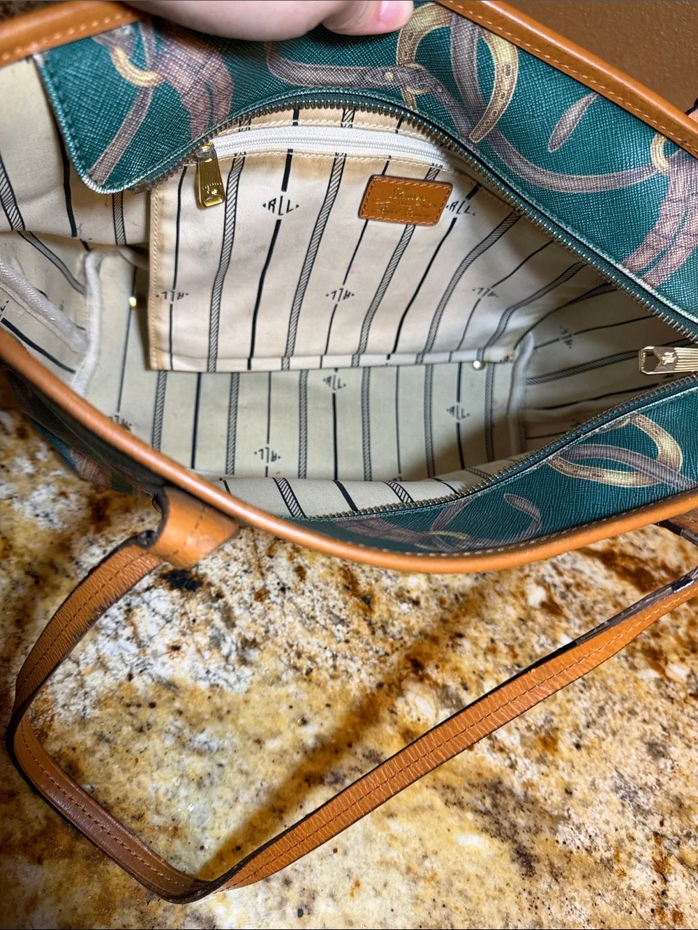 Ralph Lauren Green Printed Tote Bag with Tan Trim